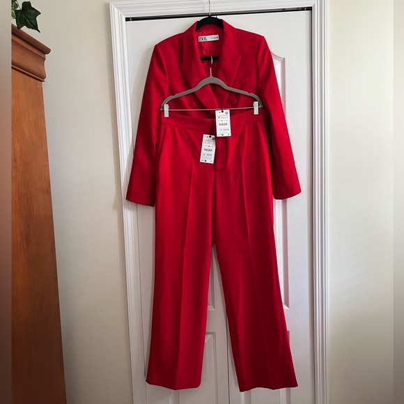 NWT ZARA 2 Pieces SET. Red Double Breasted Buttoned Blazer And Pants. - Picture 8 of 16